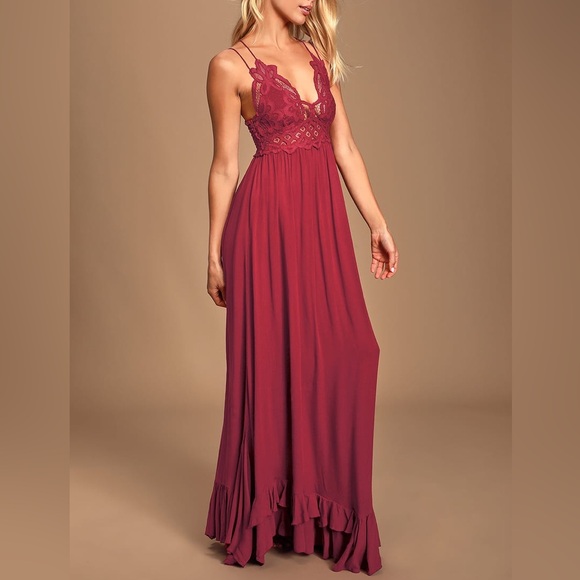 Free People ♥️ Adella Maxi Slip Berry Red Lace Dress ♥️ size xs - Picture 2 of 9